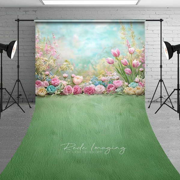 Aperturee Spring Garden Tulips Backdrop, Pastel Pink Flowers and Green Grass Meadow, Professional Floral Studio Prop