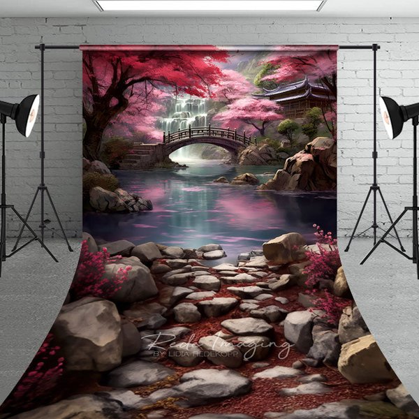 Aperturee Japanese Spring Cherry Blossom Waterfall Backdrop, Wooden Bridge Rocky River Landscape Photography Background Photo Studio