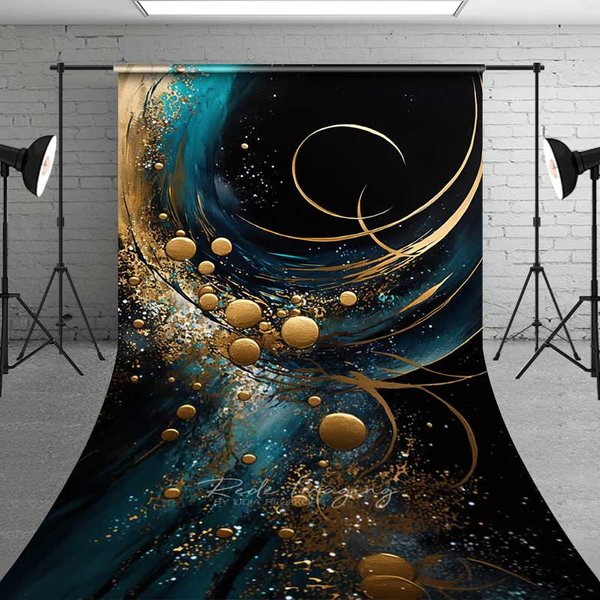 Aperturee Teal and Gold Abstract Fluid Art Backdrop, Luxury Swirls and Golden Circles Photography Background for Studio Art