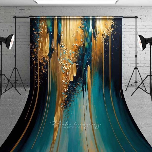 Aperturee Teal and Gold Dripping Paint Abstract Backdrop, Vertical Textured Strokes Photography Background for Pro