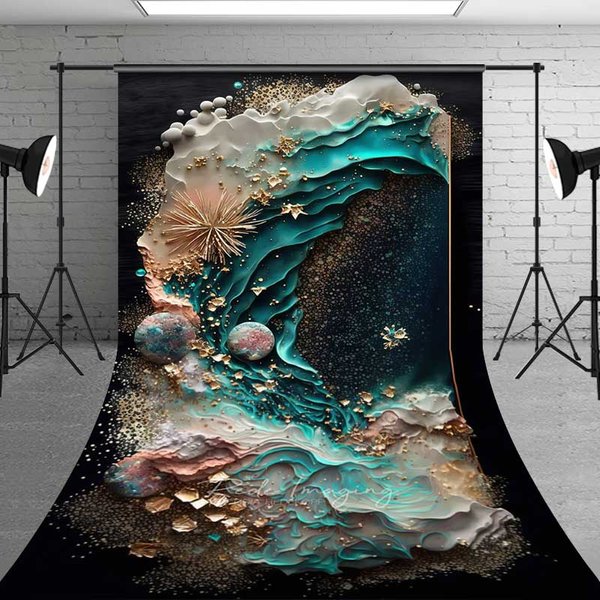 Aperturee Abstract Dark Teal Ocean Wave Backdrop, Gold Foil and Textured Sea Urchin Professional Photography Background for Portrait Studio