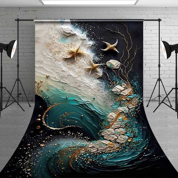 Aperturee Teal Ocean Wave and Golden Starfish Backdrop, Gold Coral Branch Abstract Marine Photography Background for Creative Studio