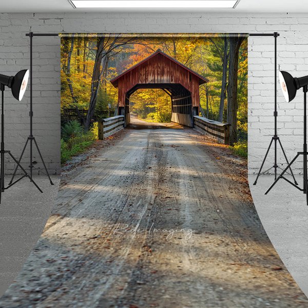 Aperturee Autumn Forest Road and Covered Bridge Backdrop, Fall Nature Landscape Photography Background with Floor Extension