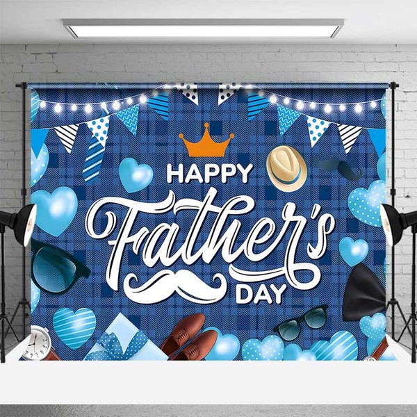 Aperturee Blue Plaid Happy Fathers Day Backdrop Mustache and Crown Party Background Professional Studio Prop