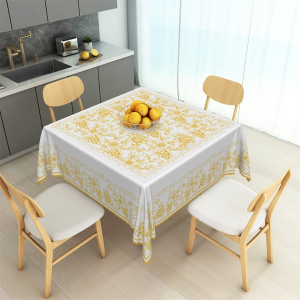 Aperturee Golden Yellow Rose Line Art Rectangle Tablecloth, Professional High-Res Floral Filigree Cover