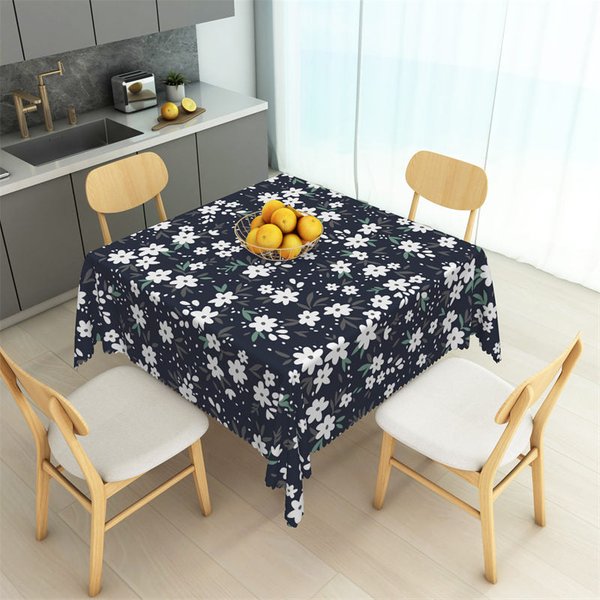 Aperturee Midnight Daisy Floral Rectangle Tablecloth, Dark Floral Pattern Table Cover, Professional Floral Studio Prop