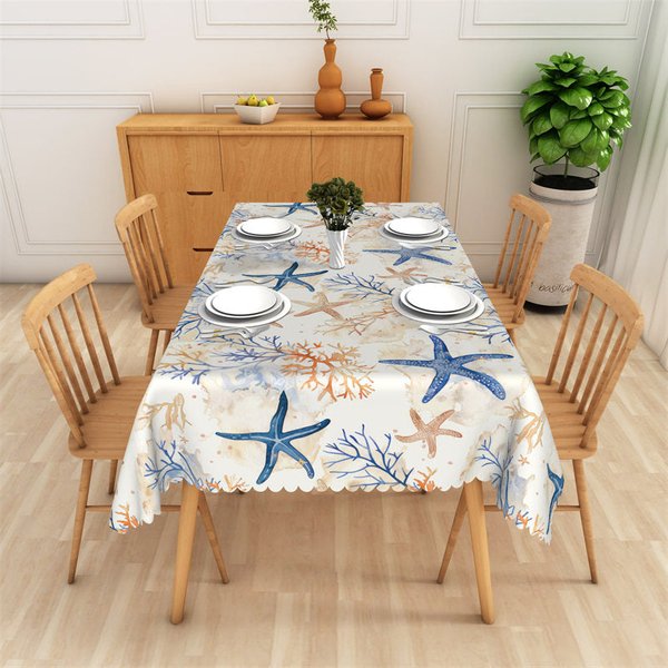 Aperturee Coastal Starfish and Coral Reef Rectangle Tablecloth, High Resolution Sea Life Photography Cover