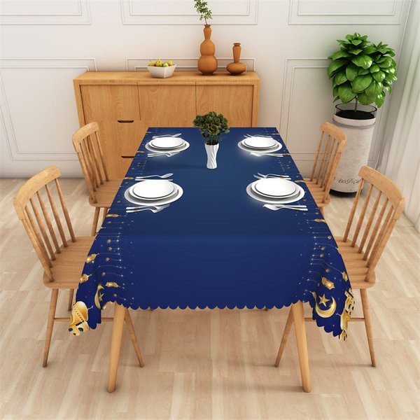 Aperturee Navy Blue and Gold Ramadan Lanterns Rectangle Tablecloth, High Resolution Islamic Holiday Table Cover