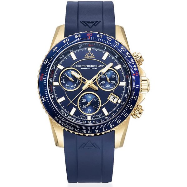 Christophe Duchamp Velocite V2 Swiss Z60 Chronograph 10ATM Mens Watch with Blue Dial and Silicone Strap in Gold Stainless Steel Case