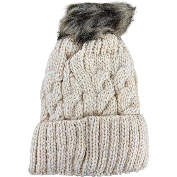 Chunky Cable Knit Beanie Hat with Faux Fur Pom-Pom - Beige