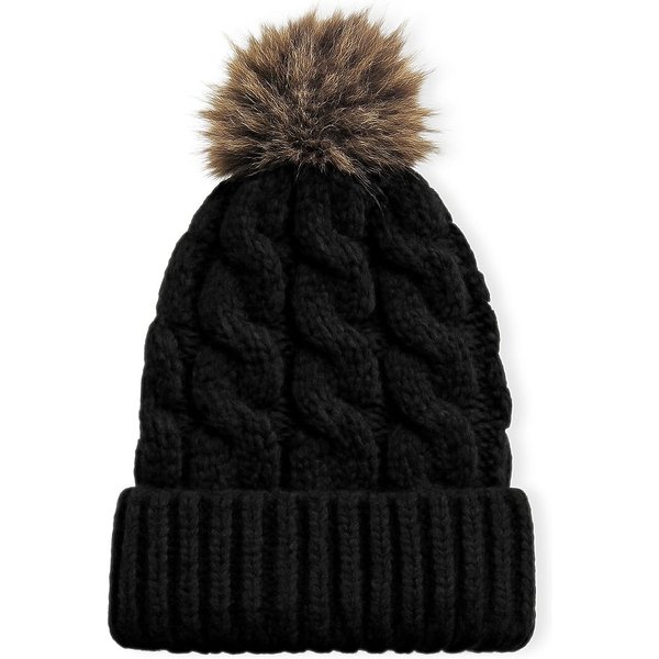 Chunky Cable Knit Double layer Sherpa Beanie Hat with Faux Fur Pom-Pom - Black