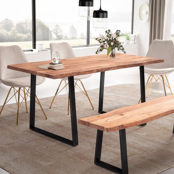 FineBuy Esszimmertisch rechteckig Massivholz Akazie Baumkante - Industrial Esstisch Baumstamm Massiv Echtholz - Küchentisch - Baumkantentisch mit schwarzem Kufengestell
