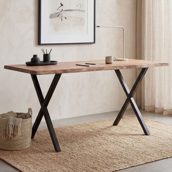 FineBuy Schreibtisch Akazie Massivholz / Metall Computertisch Baumkante, Homeoffice Bürotisch Massiv mit X-Beinen in Schwarz, Holztisch Laptoptisch Arbeitszimmer