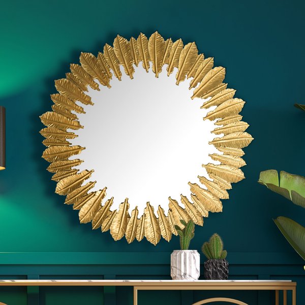 FineBuy Wandspiegel Federn 68 cm Metall Design Hängespiegel Gold, Eisen Dekospiegel Rund, Spiegel Wand Groß, Flurspiegel Garderobenspiegel Modern