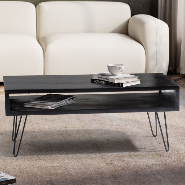 FineBuy Couchtisch Mango Massivholz schwarz 100x50 cm · rechteckiger Wohnzimmertisch mit Ablagefach · Massivholztisch mit Hairpin-Beinen im modernen Industrial Design