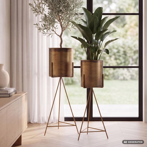 FineBuy Blumentopf 2er Set Metall Pflanzkübel Gold mit Gestell, Design Eisen-Pflanzenkübel Rund, Blumenkübel Pflanzgefäß Indoor Hoch
