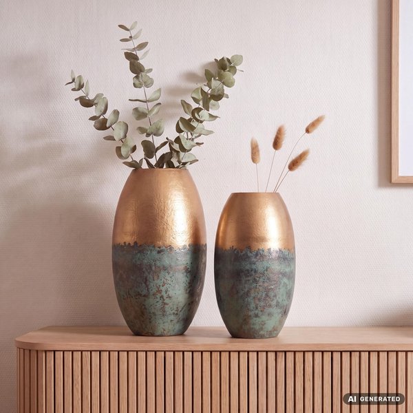 FineBuy Deko Vase 2er Set Aluminium Gold Patina Blumenvase Modern, Dekovase Punziert Rund 2-teilig für Blumen, Alu Tischvase Wohndeko Metall Tischdeko Handgefertigt