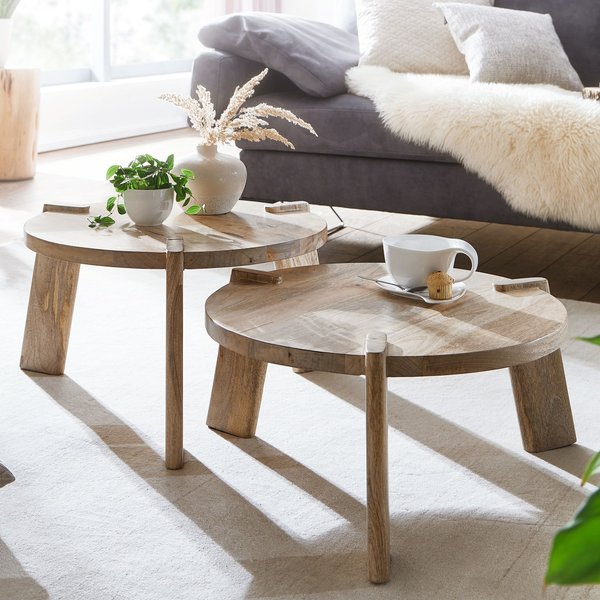 FineBuy Couchtisch Set 2er Mango Massivholz rund Natur · Wohnzimmertisch Beistelltisch im Japandi Design · Handgefertigte Satztische aus Echtholz mit Klarlack