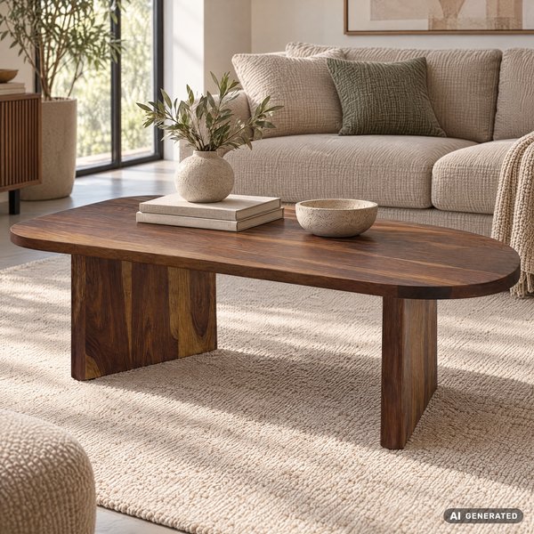 FineBuy Couchtisch Sheesham Massivholz oval 120cm · Handgefertigter Wohnzimmertisch im modernen Design mit abgerundeter Form · Flacher Sofatisch aus Echtholz