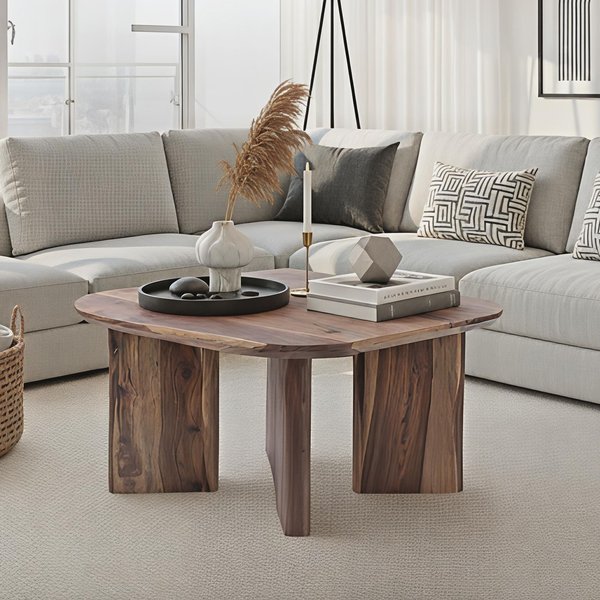 FineBuy Couchtisch Sheesham Massivholz 60cm quadratisch – Handgefertigter Wohnzimmertisch aus Echtholz mit abgerundeten Kanten im modernen Design