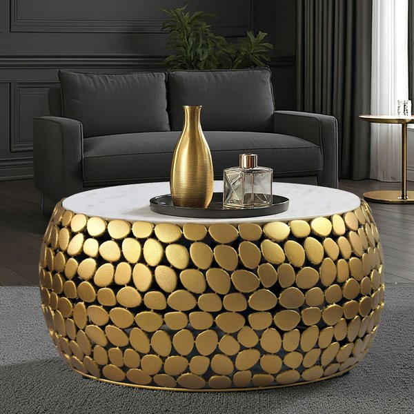 FineBuy Design Couchtisch rund 66 cm aus Aluminium und weißer Marmor Tischplatte - Wohnzimmertisch Alu - Metall Sofatisch - Beistelltisch Wohnzimmer - Handmade