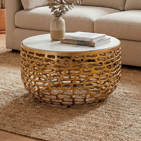 FineBuy Design Metall Couchtisch mit weißer Marmor Tischplatte 60 cm rund - Aluminium Wohnzimmertisch Modern - Loungetisch Alu Beistelltisch Wohnzimmer Handmade