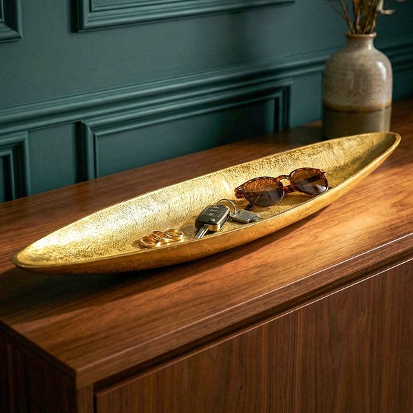 FineBuy Dekoschale Gold Aluminium Schale - Design Tischdeko Metall Wohnzimmer - Alu Wohnaccessoire Modern - Metallschale Dekoration - Aluschale lang schmal Handmade