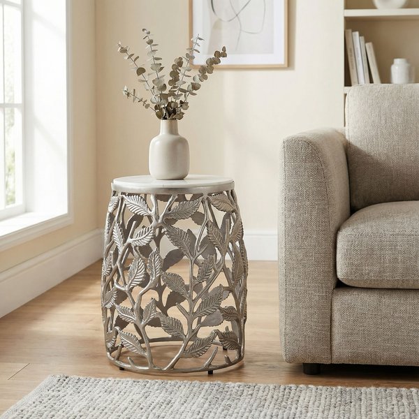 FineBuy Beistelltisch 40cm mit weißer Marmor Tischplatte - Couchtisch klein rund - Sofatisch Alu modern - Wohnzimmertisch Aluminium - Design Tisch Metallgestell Handmade