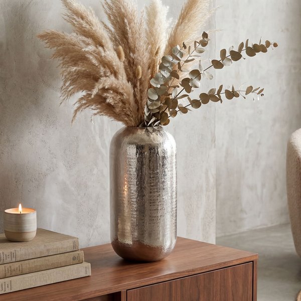 FineBuy Bodenvase Aluminium Silber - Dekovase groß - Standvase rund modern - Vase Metall für Blumen - Design Wohnzimmer Deko - Wohndeko Handmade