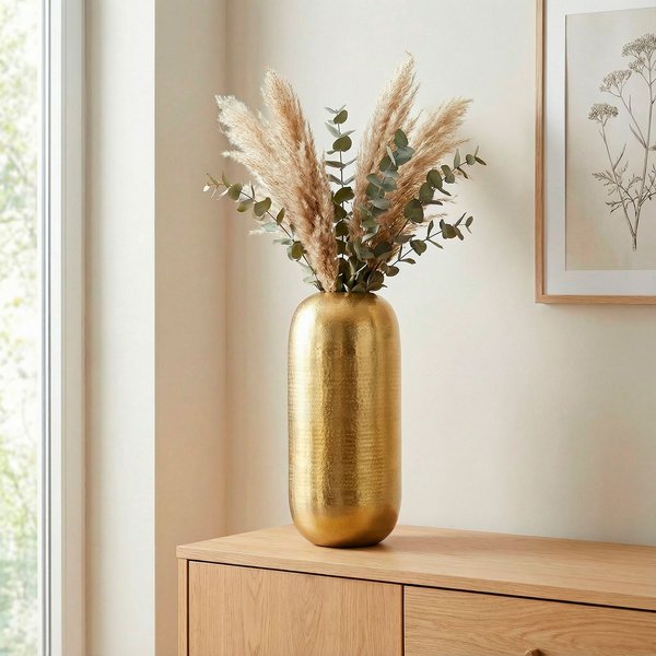 FineBuy Bodenvase Aluminium Gold - Dekovase groß - Standvase rund modern - Vase Metall für Blumen - Design Wohnzimmer Deko - Wohndeko Handmade