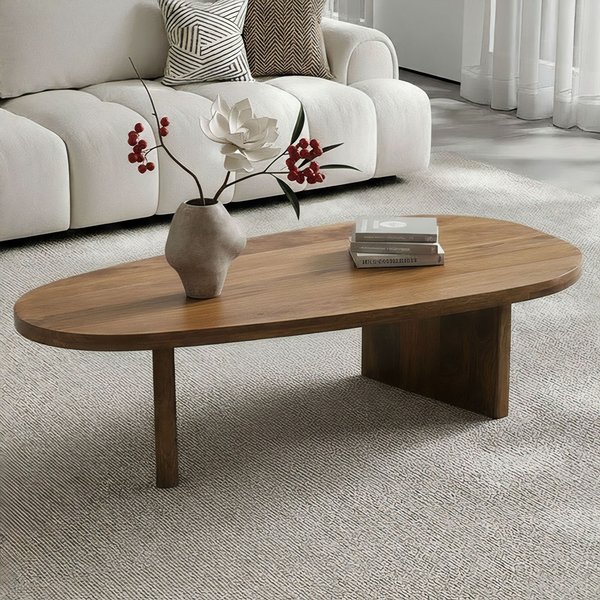 FineBuy Couchtisch Mango Massivholz oval 120cm - Handgefertigter Wohnzimmertisch im modernen Design mit abgerundeter Form - Flacher Beistelltisch Sofatisch aus Echtholz Handmade