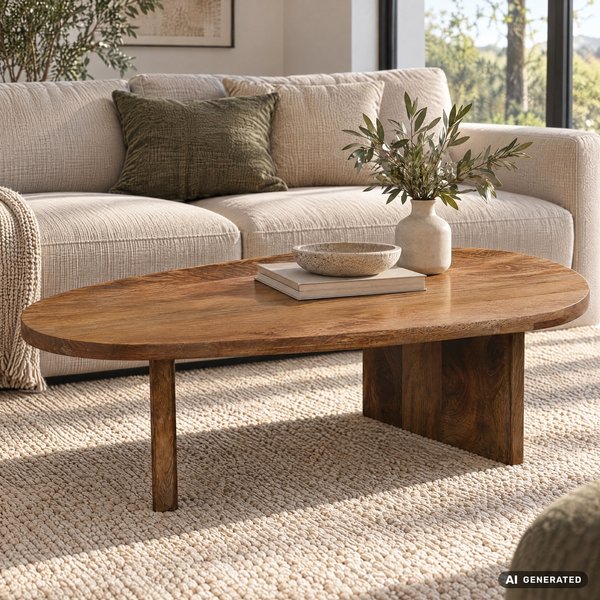 FineBuy Couchtisch Mango Massivholz oval 120cm - Handgefertigter Wohnzimmertisch im modernen Design mit abgerundeter Form - Flacher Beistelltisch Sofatisch aus Echtholz Handmade