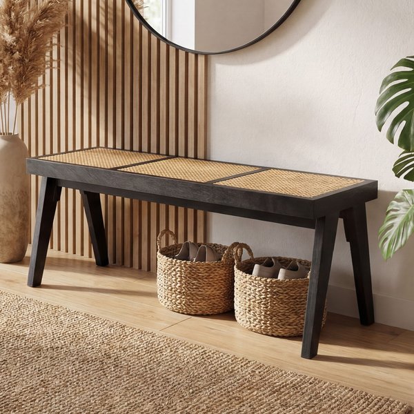 FineBuy Sitzbank Rattan Akazie Massivholz 120cm Schwarz - Design Holzbank Wiener Geflecht - Bettbank Flurbank Retro - Esszimmerbank Bank Handmade