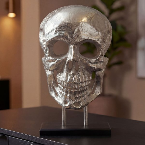 FineBuy Standdeko Totenkopf Aluminium 57 cm Schädel Groß - Design Standdekoration Metall Deko Alu Modern - Wohndeko Skull mit Gestell - Dekoration Wohnaccessoire Handmade