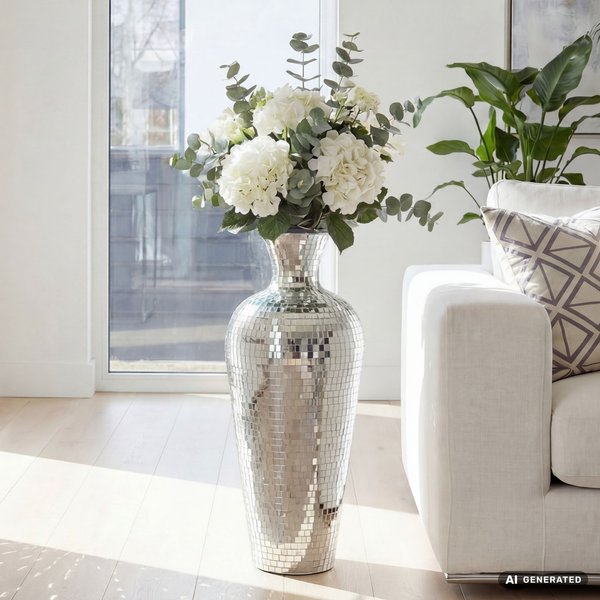 FineBuy Bodenvase Aluminium Silber - Blumenvase Groß - Metallvase im Discokugel Design Modern - Dekovase rund für Trockenblumen - XL Standvase Hoch - Wohnzimmer Deko - Wohndeko Handmade