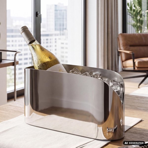 FineBuy Flaschenkühler 47cm Metall Silber - Geschwungener Design Weinkühler & Sektkühler - Ovaler Champagnerkühler für Küche Hausbar & Feiern, Getränkekühler Eiskübel Handmade