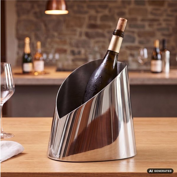 FineBuy Flaschenkühler 24,5cm Metall Silber - Geschwungener Design Weinkühler & Sektkühler - Ovaler Champagnerkühler für Küche Hausbar & Feiern, Getränkekühler Eiskübel Handmade