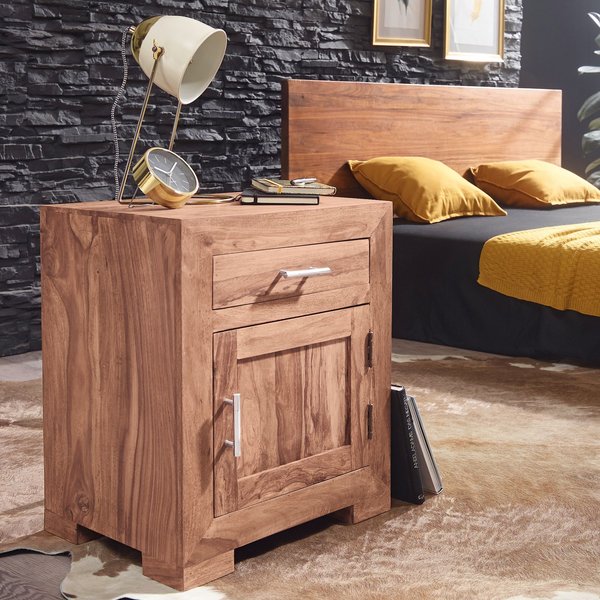 FineBuy Nachtkästchen Massivholz mit Stauraum – Nachttisch mit Schublade & Tür, handgefertigt, Schlafzimmer Nachtkommode Boxspringbett 50x40x60 cm