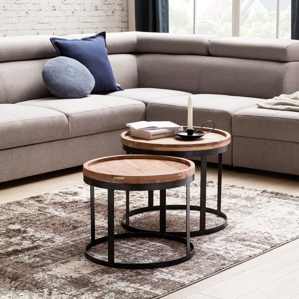 FineBuy Couchtisch 2er Set Massivholz rund · Wohnzimmertisch Set mit schwarzem Metallgestell · Handgefertigte Massivholztische im modernen Industrial Design