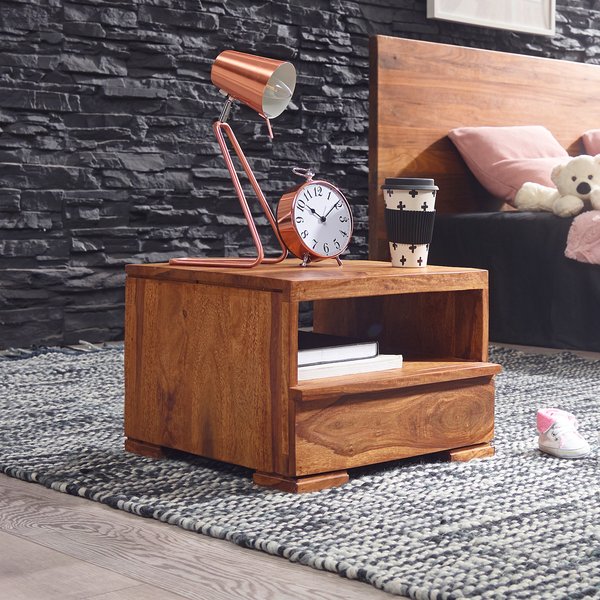 FineBuy Nachttisch Massivholz mit Schublade & Ablagefach – Flache Landhaus Nachtkommode für Schlafzimmer, Nachtkästchen mit Stauraum für Futon Betten – 40x40x30 cm