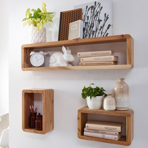 FineBuy Design Wandregal 3er Set Massiv Holzregale Landhausstil, Rustikales Wandregal-Set Holz, Hängeregal Viereckig Echtholz, Wand-Regale, Hängend Würfel, Regal Wandkästen Eckig