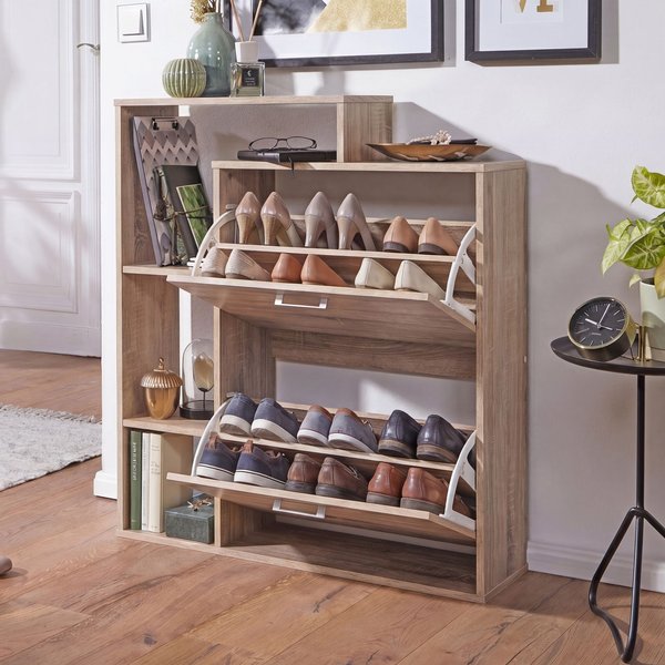 FineBuy Moderner Schuhkipper MASSA Holz 2 Fächer Sonoma Eiche 12 Paar Schuhe, Schuhschrank 85 x 24 x 93 cm, Schuhkommode Flur mit Ablage Regal