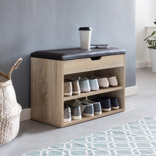 FineBuy Schuhbank mit Sitzfläche Garderoben-Bank Holz 60 x 40 x 30 cm, Holzbank klein gepolstert, Sitzbank schmal Flur mit Stauraum, Truhenbank Schuhtruhe Flurmöbel