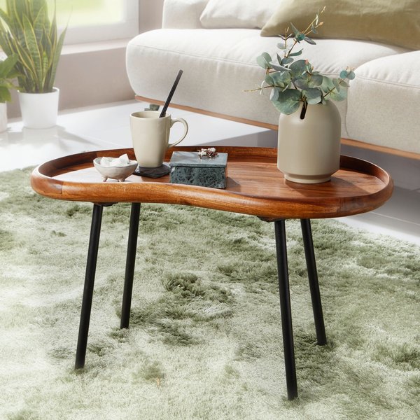 FineBuy Couchtisch SV51466 Sheesham massiv Sofatisch Nierenform mit Metallbeinen, Wohnzimmertisch Massivholz, Kleiner Nierentisch Echtholz, Stubentisch Holz, Beistelltisch modern