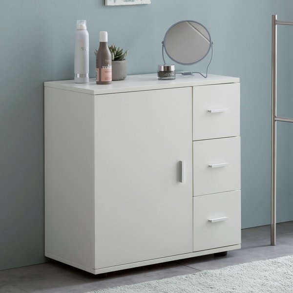FineBuy Badschrank Weiß 60cm Midi-Schrank mit Tür & Schubladen, Kleiner Beistellschrank Matt, Badregal Schmal Freistehend Badezimmerkommode, Badmöbel Badezimmermöbel