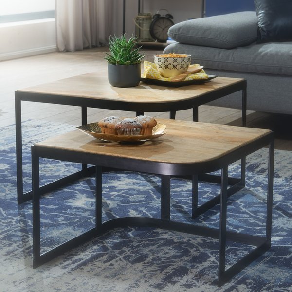 FineBuy Couchtisch 2er Set Mango Massivholz / Metall Wohnzimmertisch Braun, Industrial Satztisch Beistelltisch Metallbeine Schwarz, Tischset 2-teilig Satztisch Holz