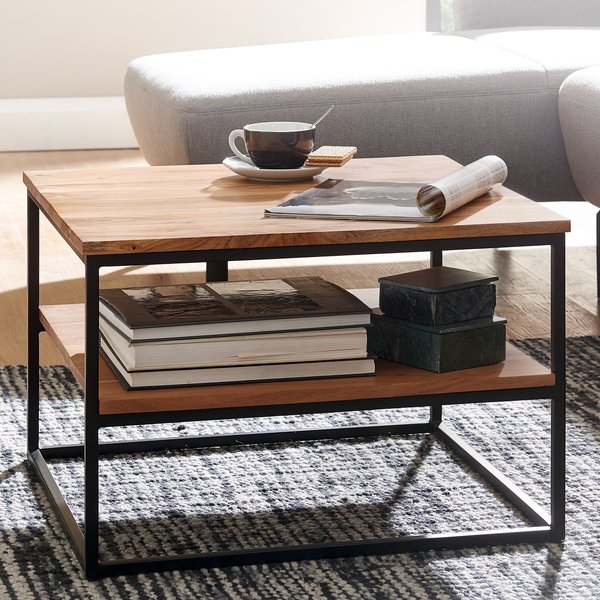 FineBuy Couchtisch quadratisch 60x60 cm Akazie Massivholz · Wohnzimmertisch mit Metallgestell & 2 Ablageflächen · Handgefertigt & lackiert im Industrial Design