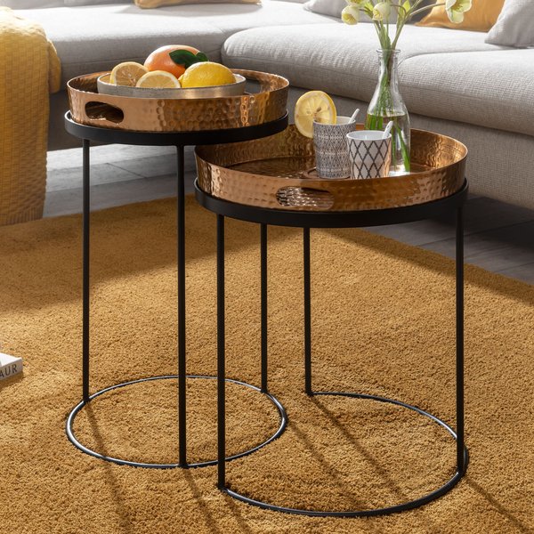 FineBuy Beistelltisch 2er Set Metall Hammerschlag Satztisch Rund, Couchtisch abnehmbares Tablett, Tabletttisch Sofa 2 teilig Modern, Runder Sofatisch