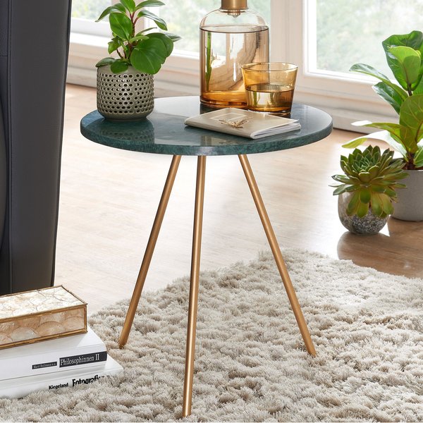 FineBuy Beistelltisch Echter Marmor Grün 38x38x44cm Anstelltisch Metall Gold, Kleiner Dreibein Sofatisch Rund, Wohnzimmertisch Couch Modern, Couchtisch Hoch