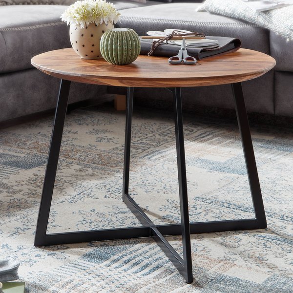 FineBuy Couchtisch Sheesham Massivholz rund Ø 60 cm x 45 cm | Wohnzimmertisch Holz Natur mit Metallgestell | Design Tisch Handarbeit | Moderner Sofatisch aus Echtholz